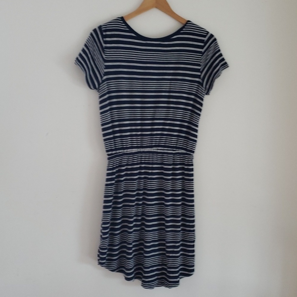Olive & Oak Women's Navy & Gray Stripe Drawstring Waist Shirt Dress, Size M - Picture 11 of 16